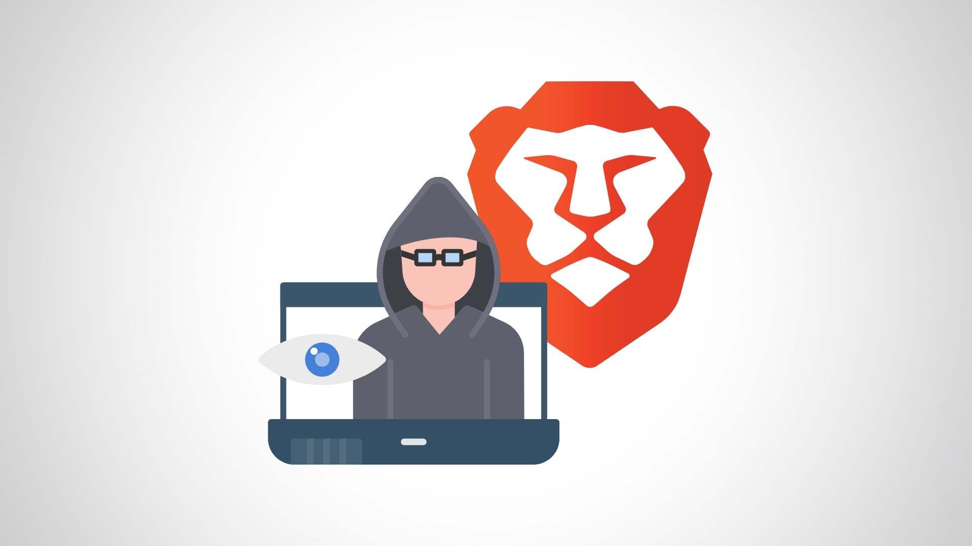 Brave navegador com privacidade, e hacker ao lado de computador espião