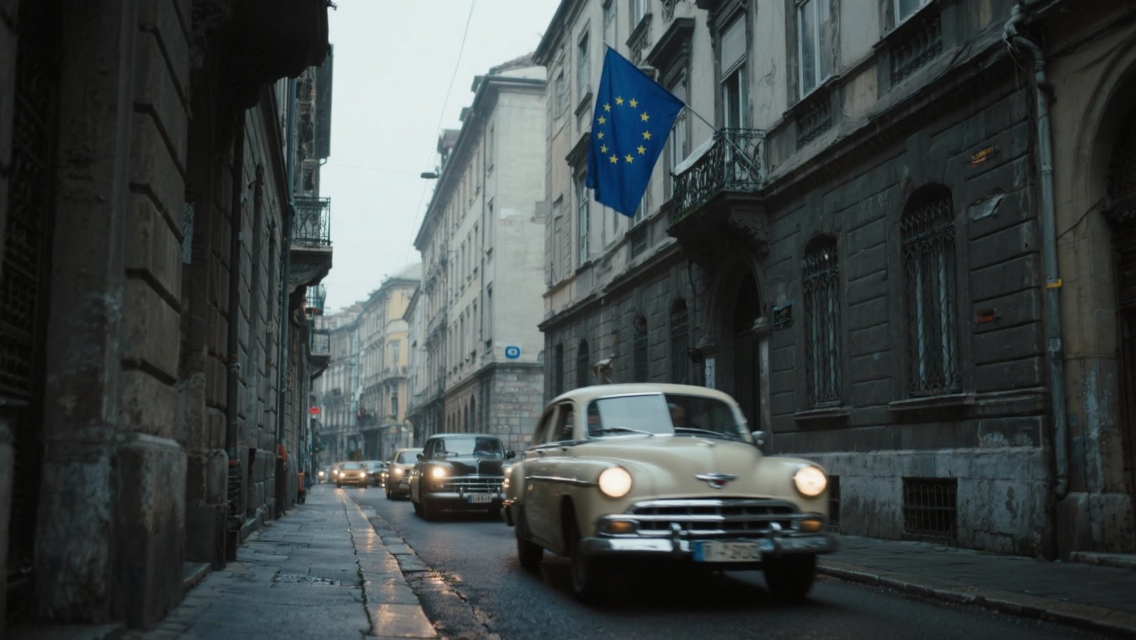 carros na estrada com bandeira da União Europeia