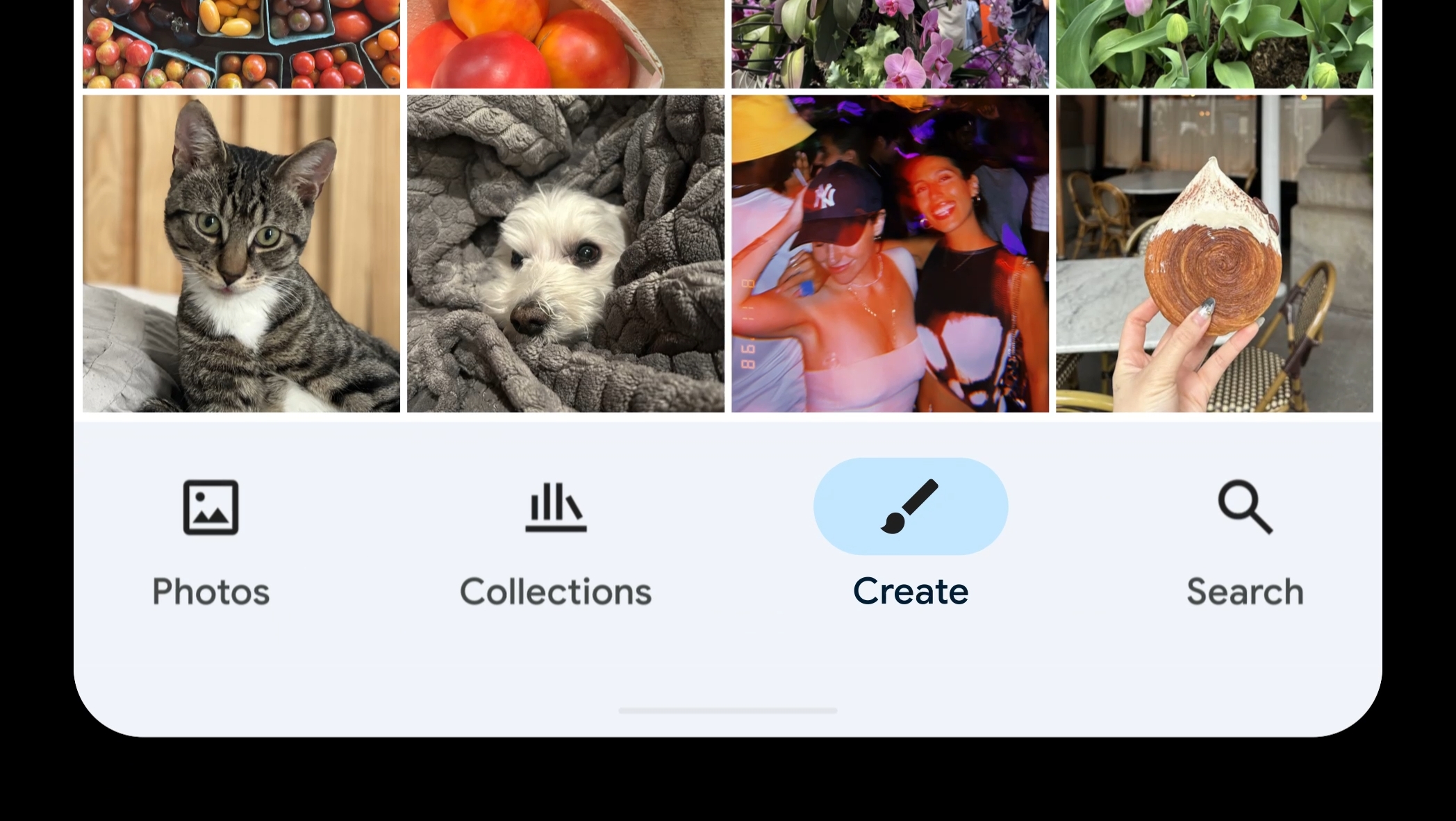 Google Fotos com opção de Create