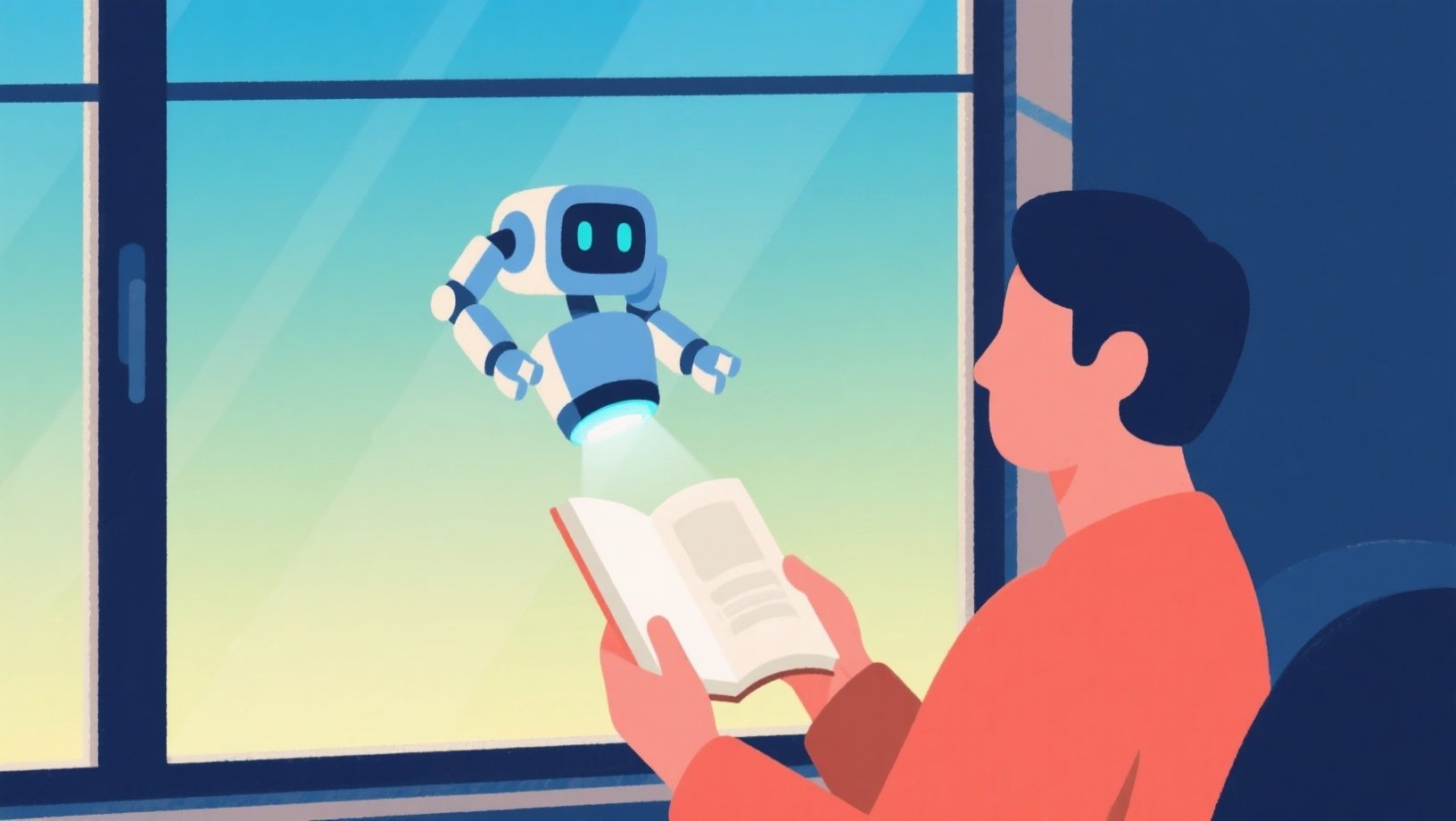 Pessoa a ler um livro com robot em cima