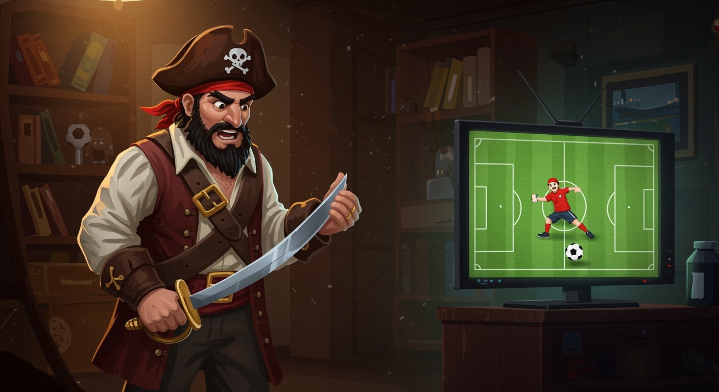Pirata em frente de TV com jogo de futebol
