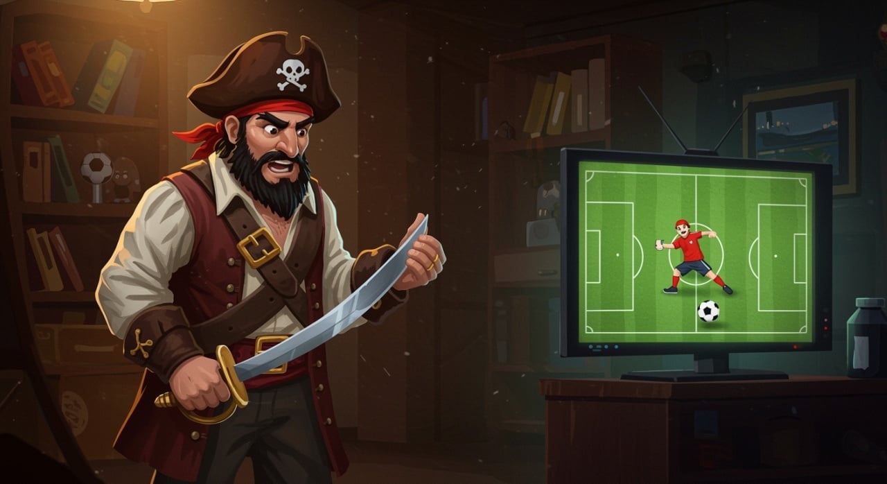 Pirata em frente de TV com jogo de futebol