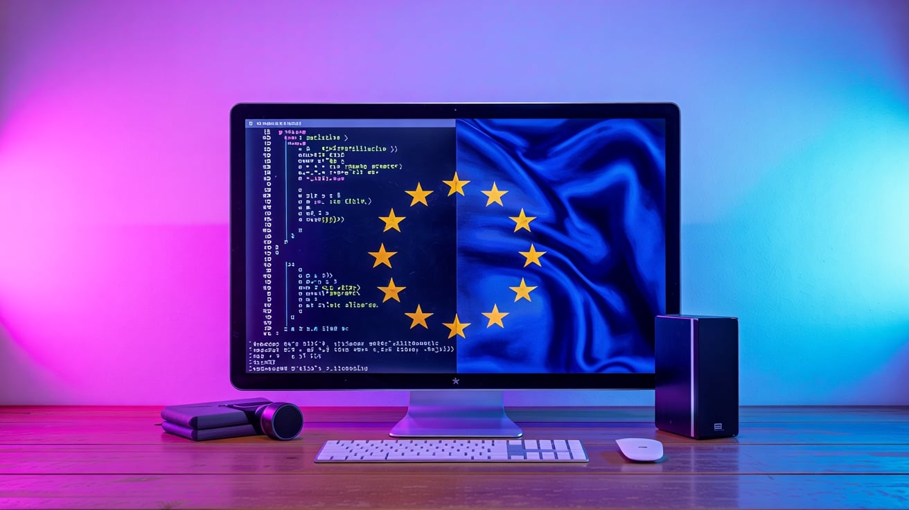 Computador com ecrã de código e bandeira da União Europeia