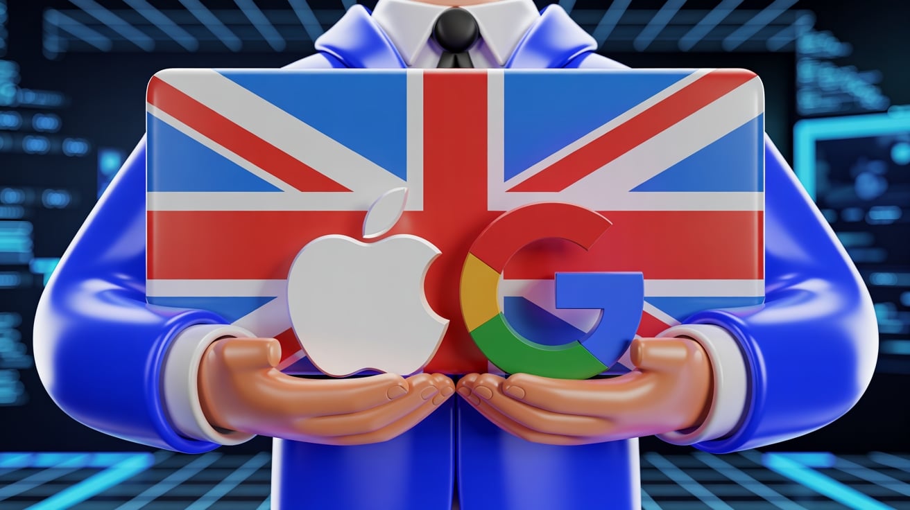 Pessoa com a bandeira do Reino unido a segurar na Apple e Google