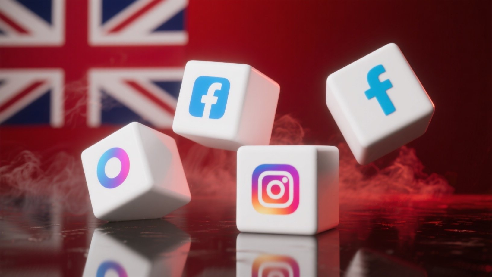 Redes sociais em cubos 3D e com a bandeira do Reino Unido