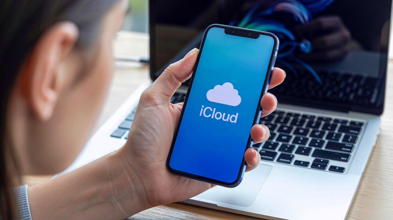 Pessoa a segurar num smartphone com o logo do iCloud
