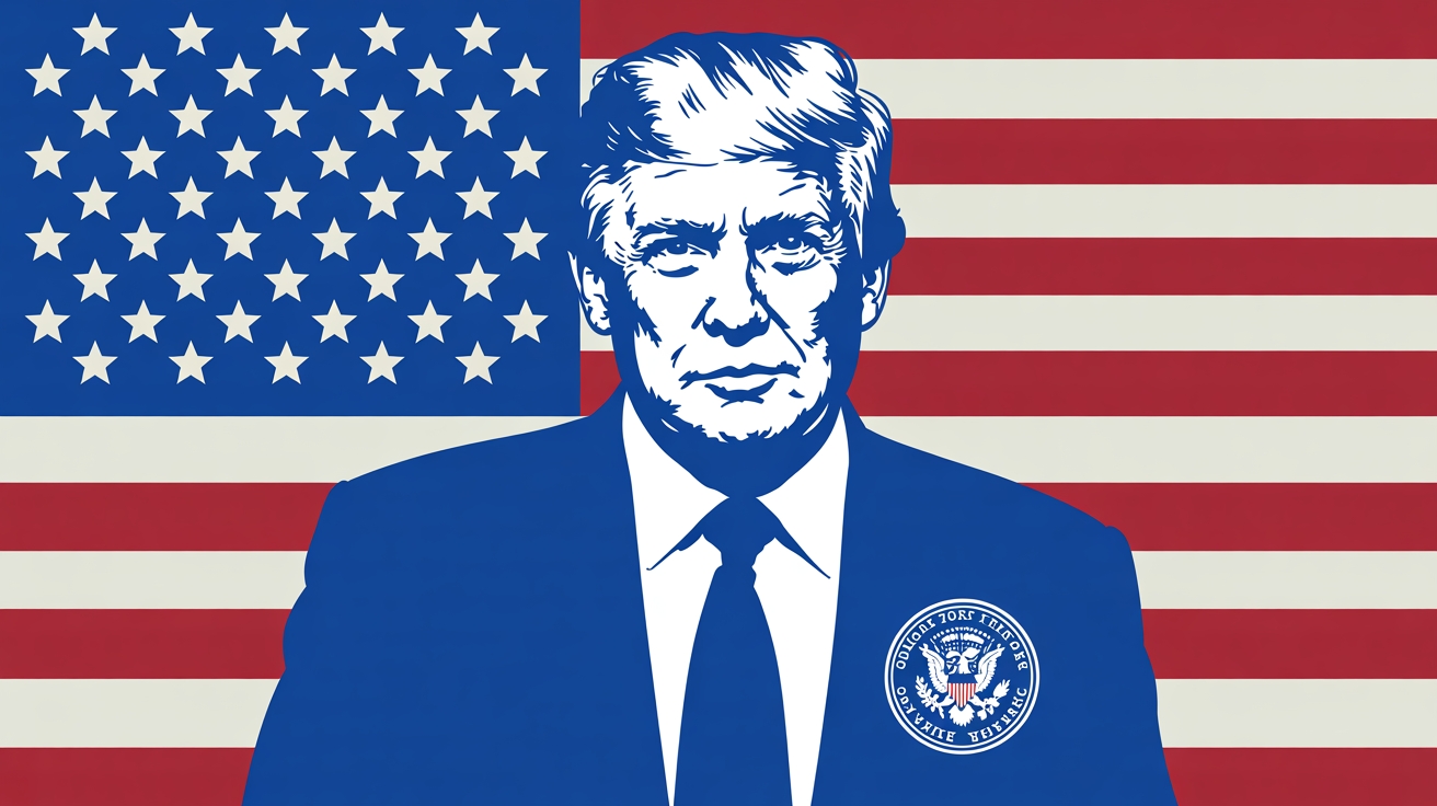 Donald Trump e bandeira dos EUA em destaque