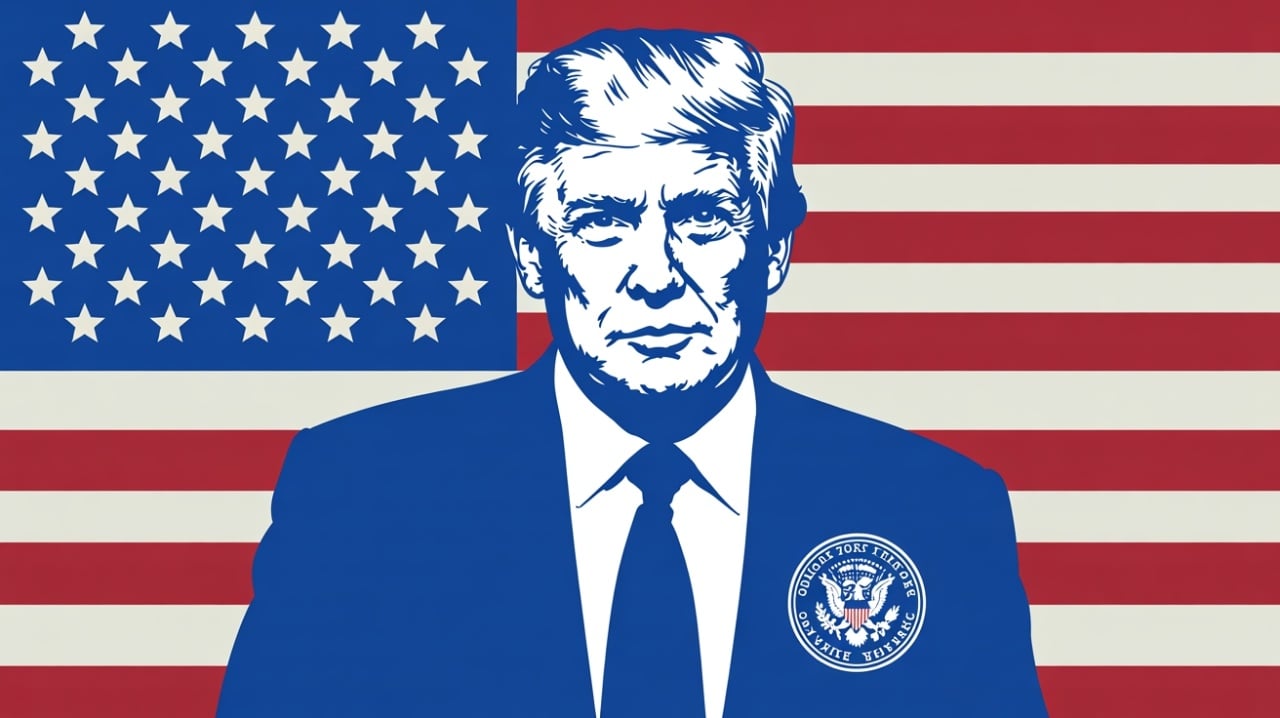 Donald Trump e bandeira dos EUA em destaque