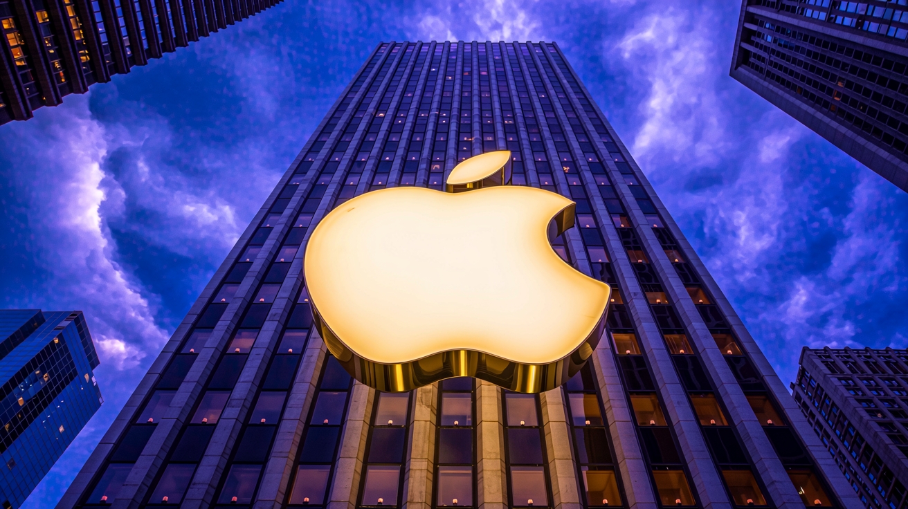 Logo da Apple em edifício no centro de cidade