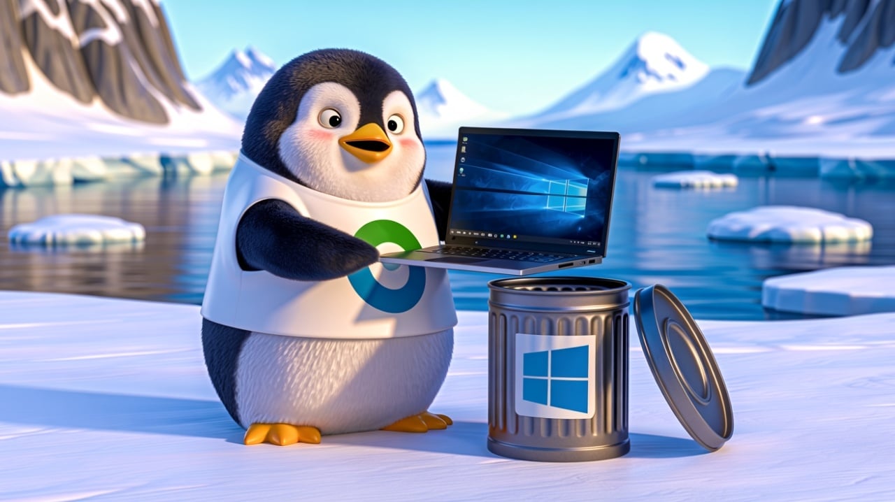 Pinguin a deitar computador com Windows 10 para o lixo