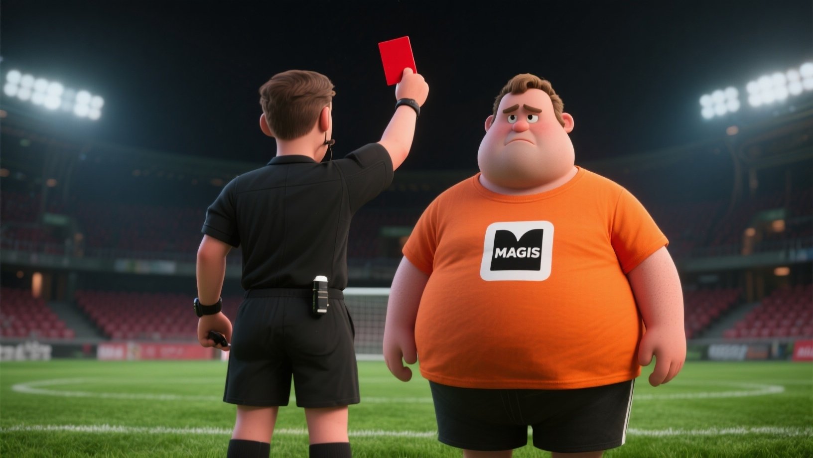 Futebol com arbitro a mostrar cartão vermelho para jogador em cartoon