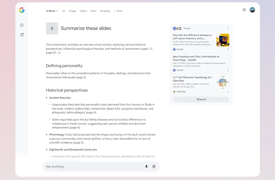 AI mode no desktop com upload de ficheiros