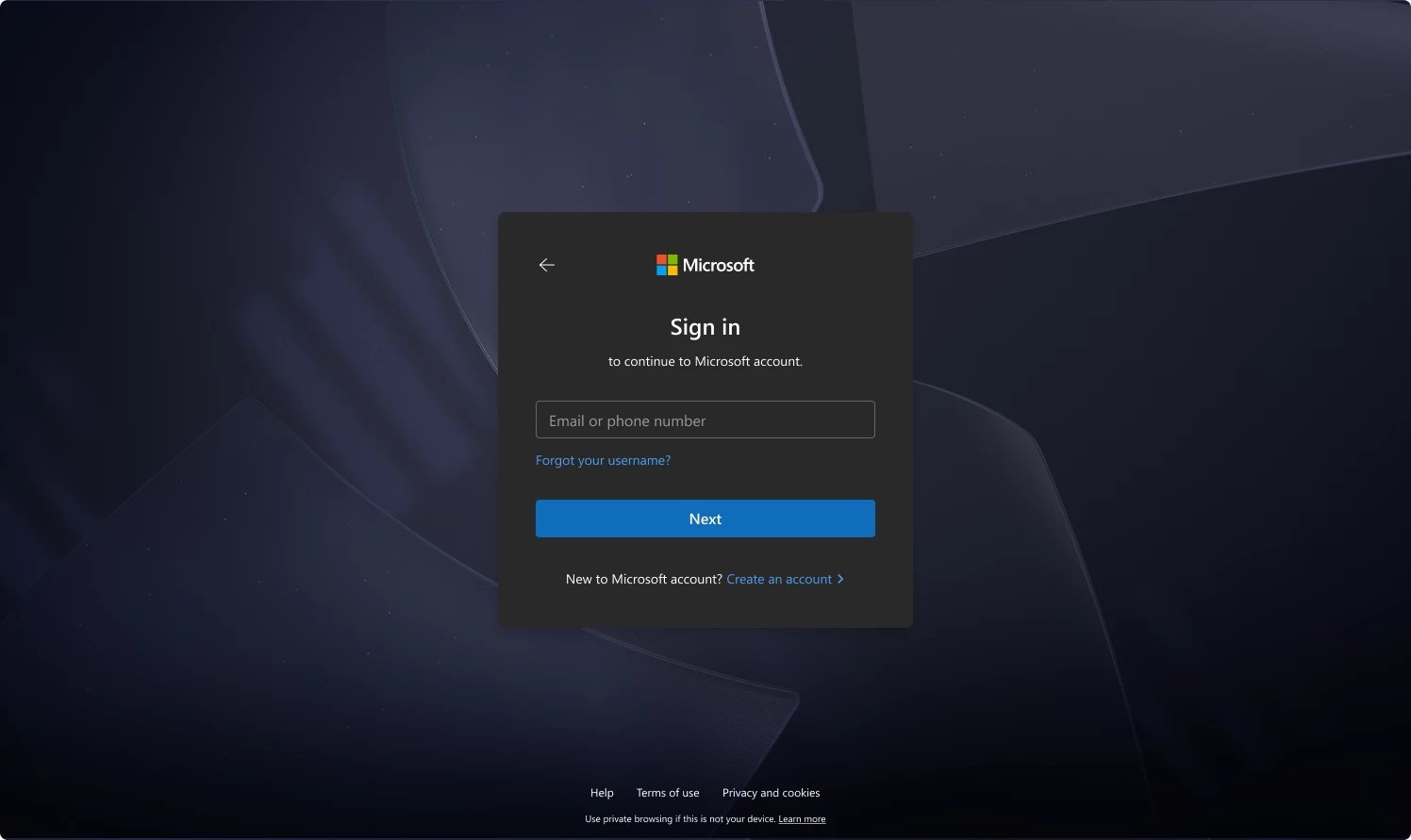 Novo sistema de login em modo escuro da Microsoft