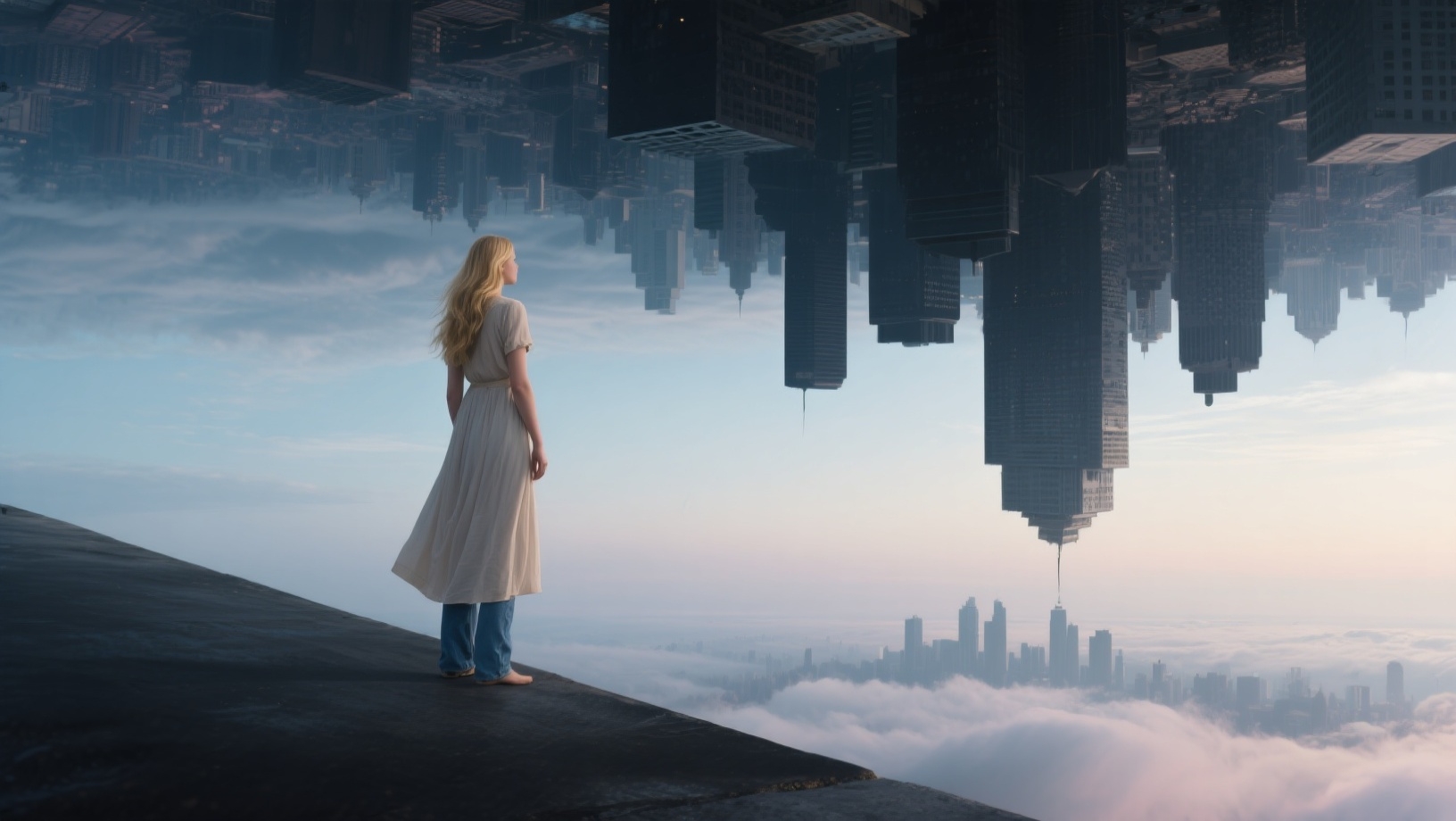 Pessoa na beira de um muro a olhar para uma cidade virada ao contrário