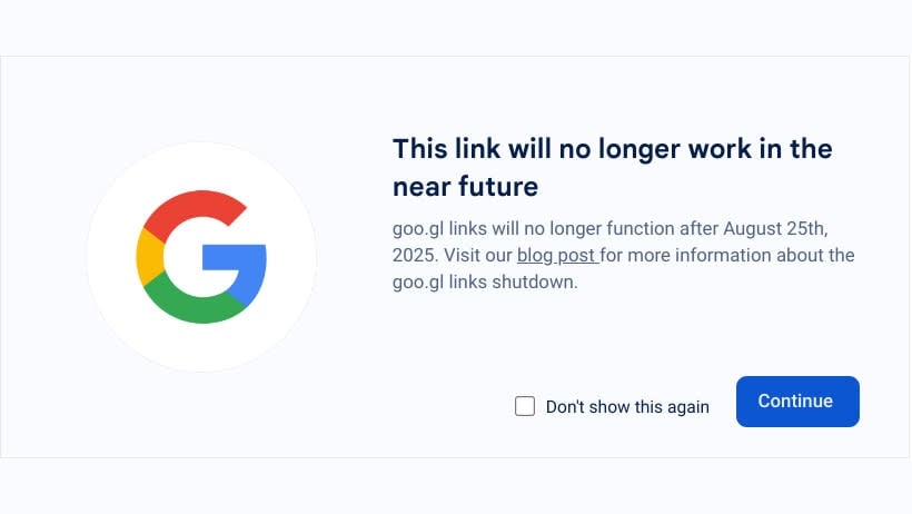 aviso dos links curtos da Google