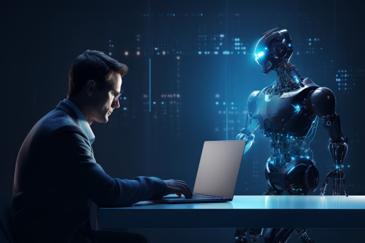 Robot em frente de humano no computador