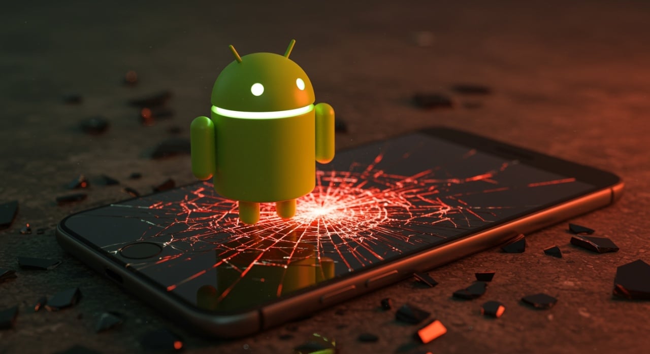 Android em cima de smartphone com ecrã vermelho partido