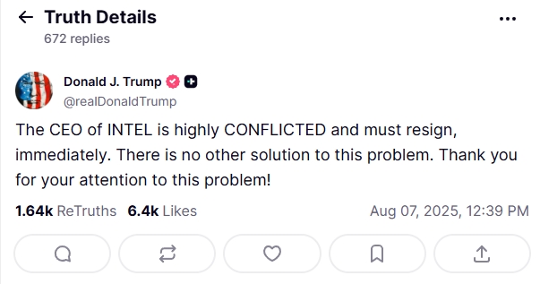 mensagem de donald trump na sua rede social contra o CEO da Intel
