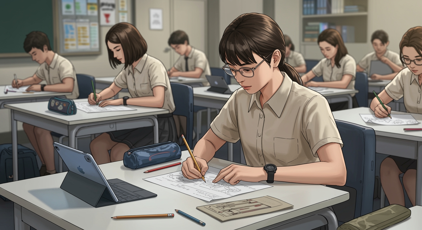 Estudante numa sala de aula com tablet em frente