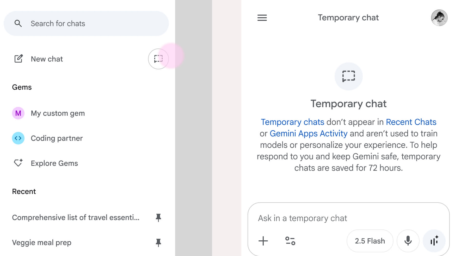 gemini com chats temporários