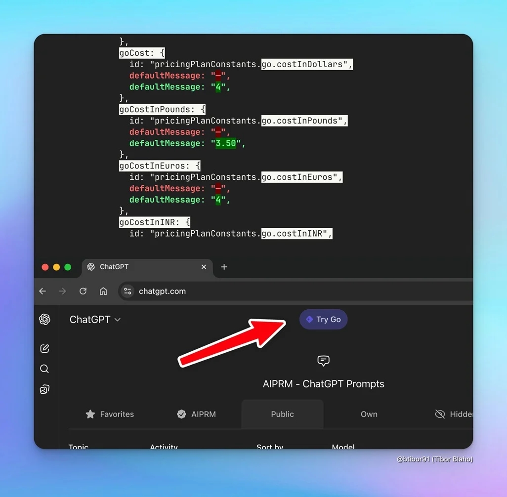 detalhes sobre o novo plano do ChatGPT mais barato no código fonte