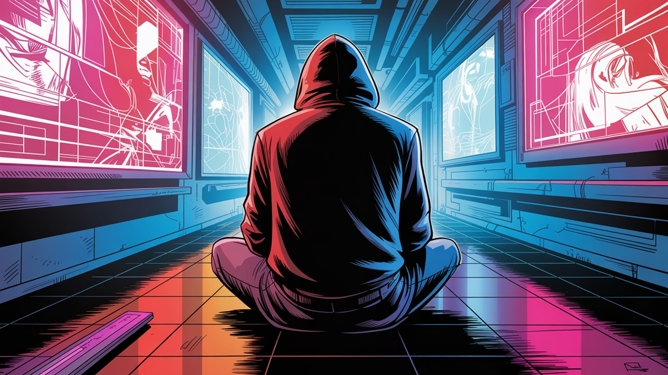 hacker em frente de mural digital