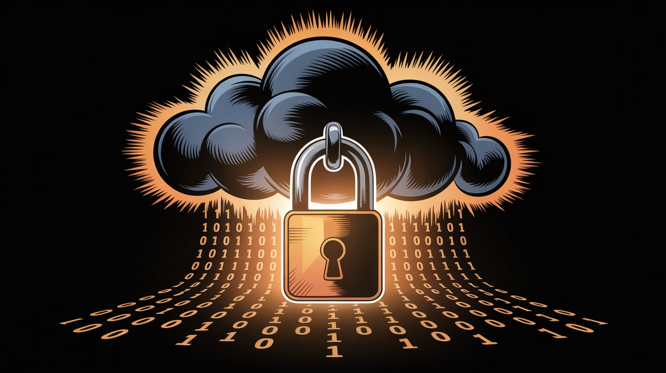 nuvem com cadeado a deixar escapar código binário