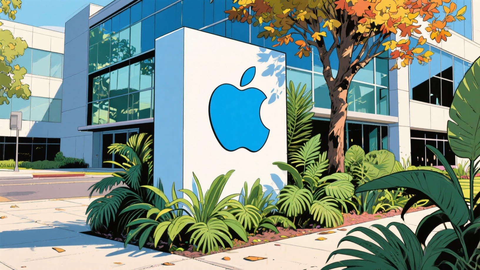 Apple logo em frente de um edifício