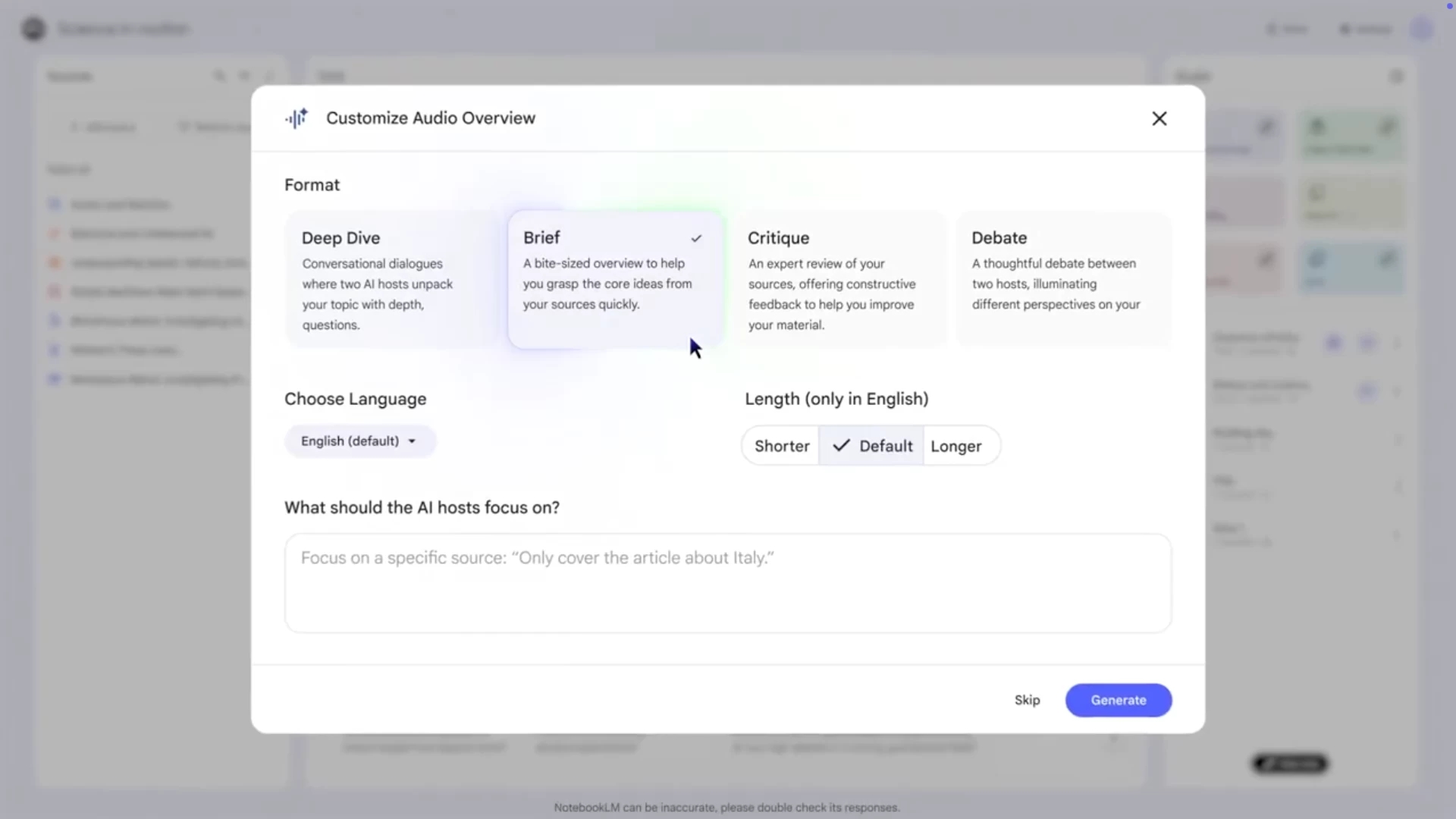 audio overview settings