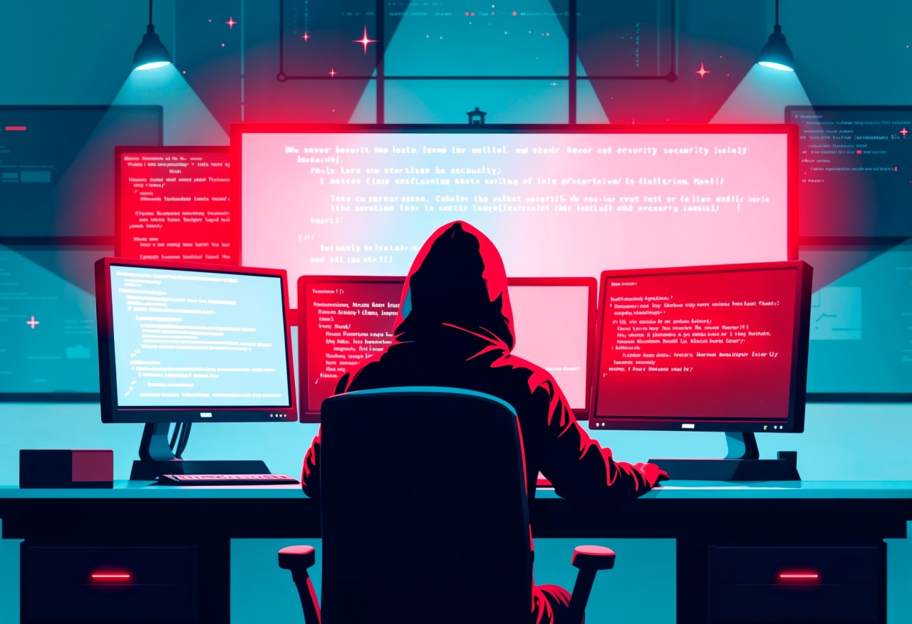 hacker em frente de monitores vermelhos