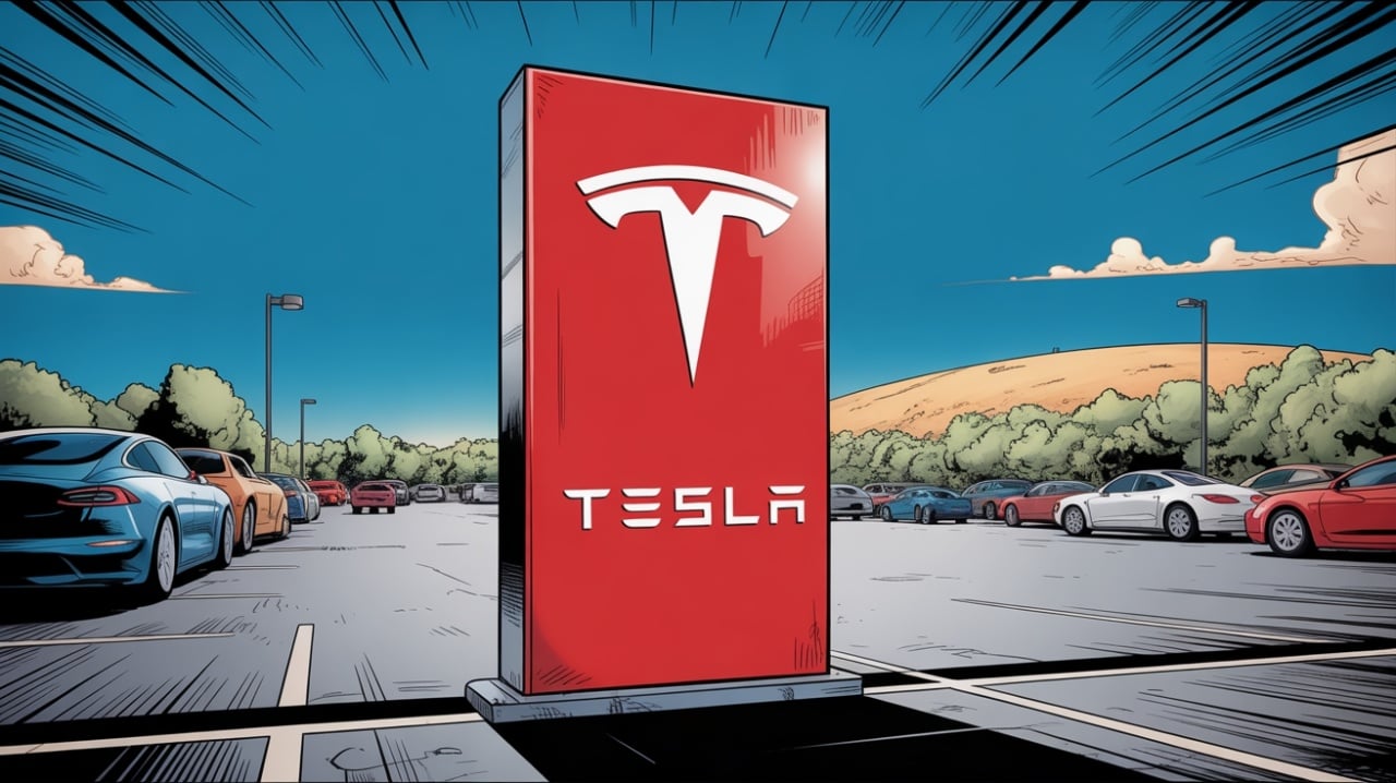 Placa da Tesla em frente de parque de estacionamento