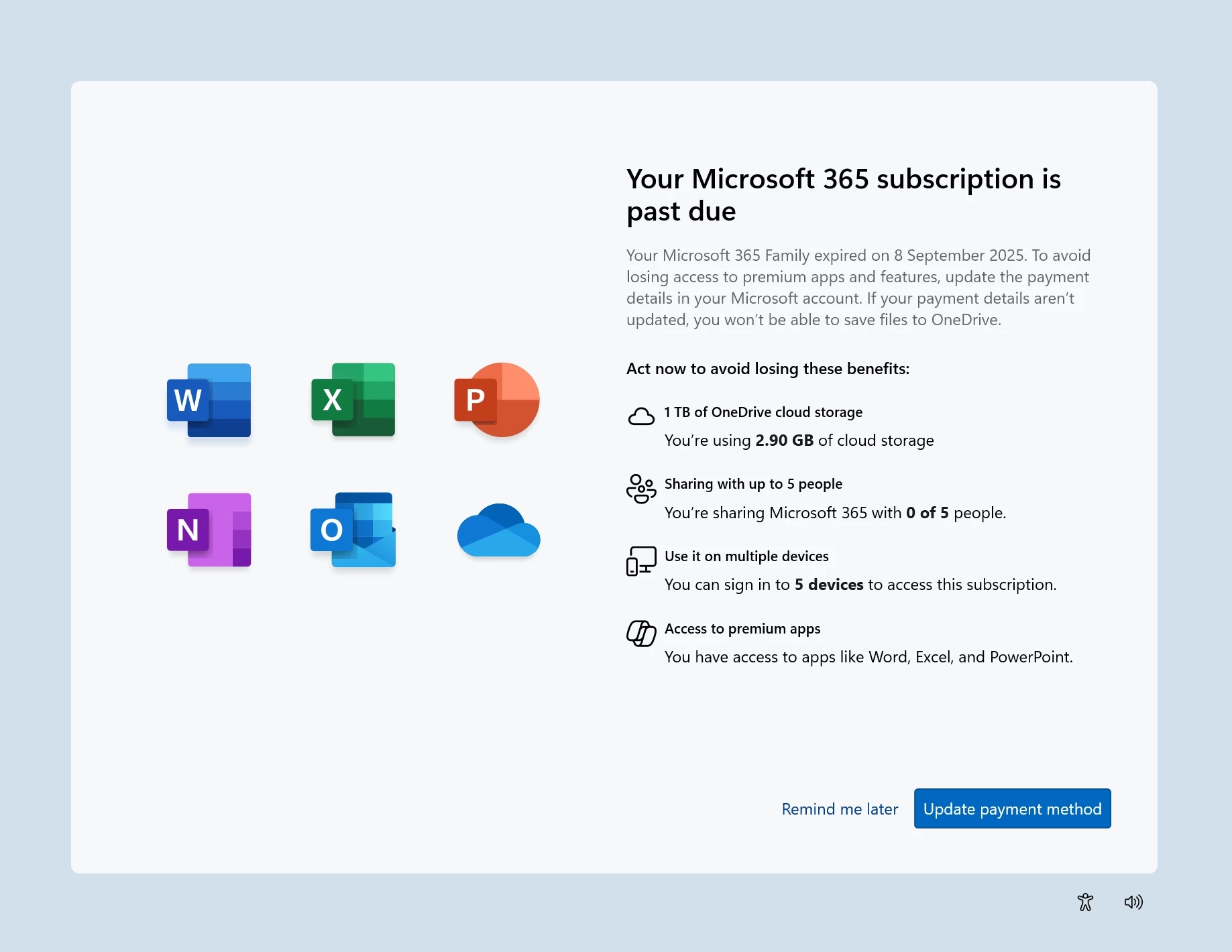 aviso sobre expiração de licença do Microsoft 365