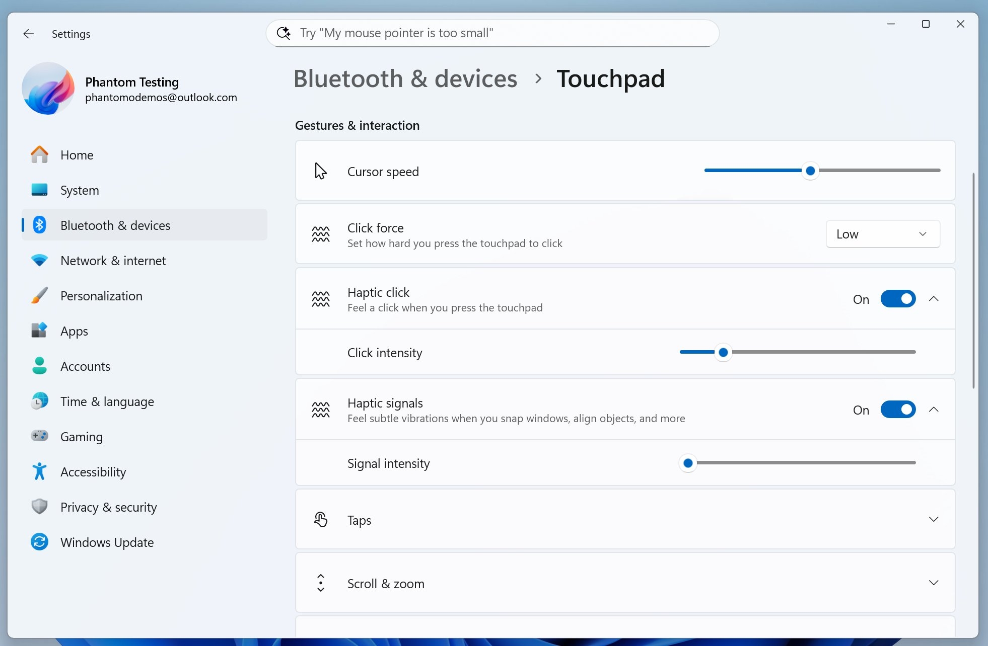 definições do touchpad nas settings do windows 11