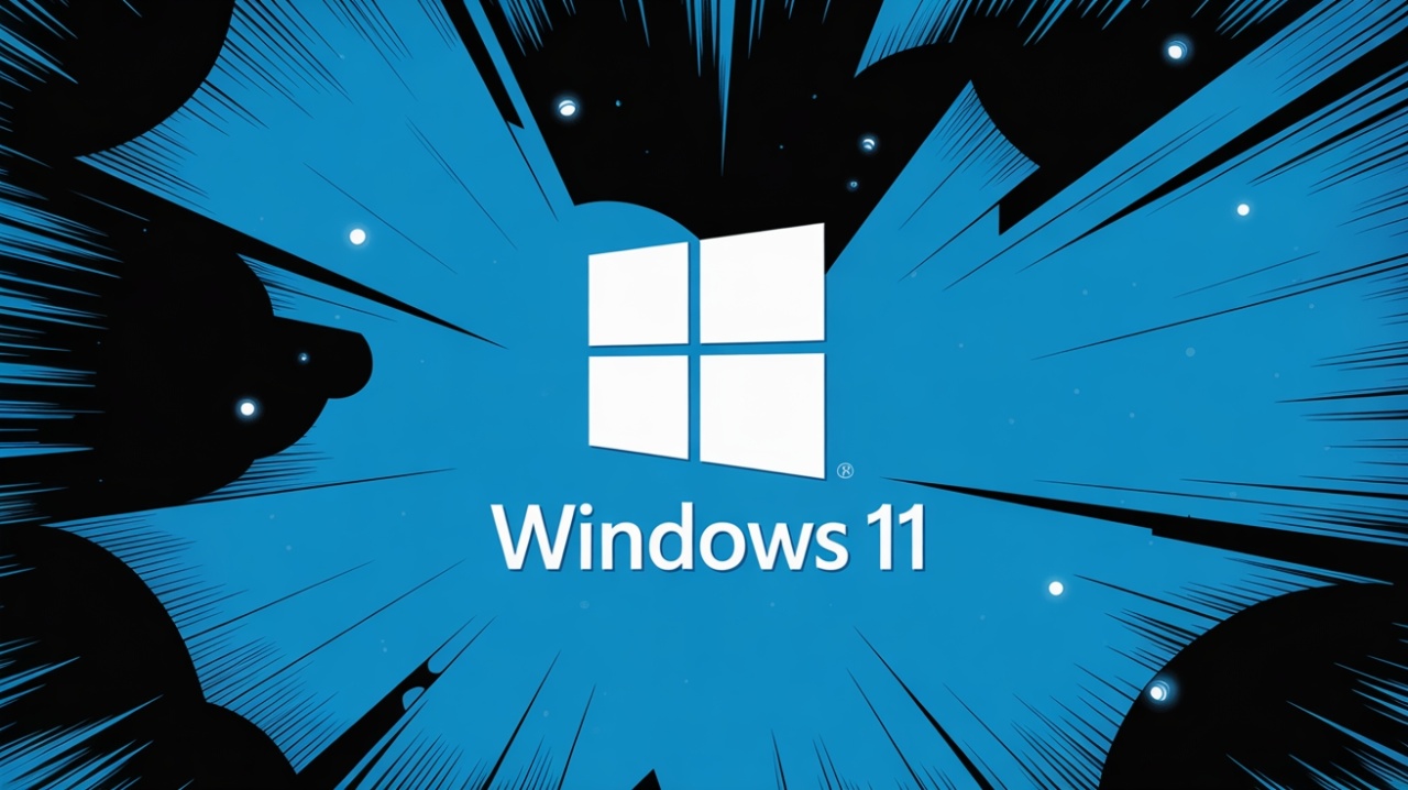 A stylized, comic-book panel featuring a central Windows logo. The logo, a four-pane window, is rendered in a solid, clean white with a slight stylized three-dimensional perspective. Below the logo, the words "Windows 11" are in a clean, white font. The background is a dynamic, abstract illustration of geometric shapes and diagonal lines in an intense blue and deep black. The shapes are rendered with a stylized three-dimensional look, creating a sense of depth and movement. Scattered across the background are small, glowing white particles. The overall aesthetic is a high-contrast, modern, and visually striking illustration with a dynamic and futuristic comic book feel.