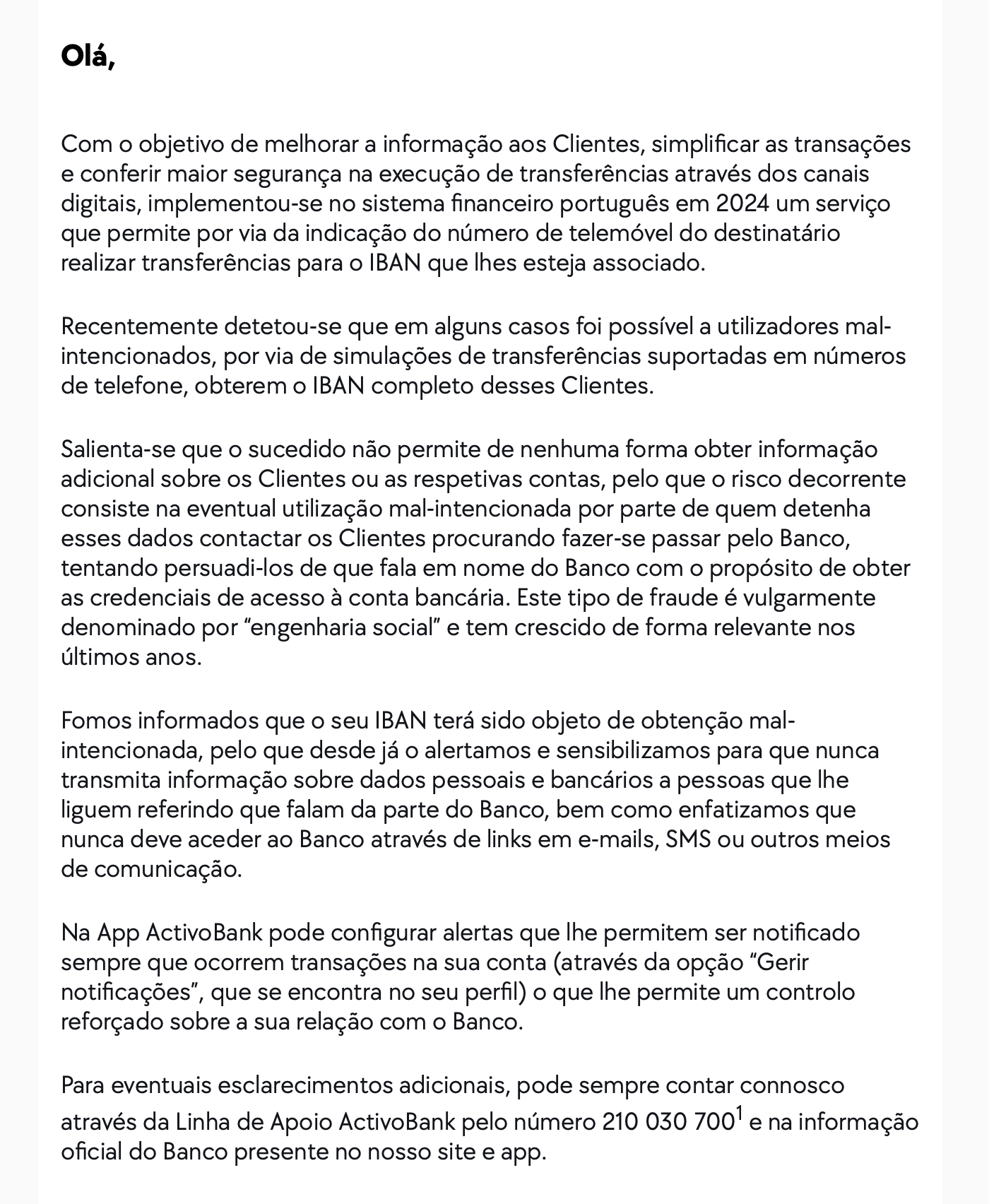 mensagem da entidade bancária