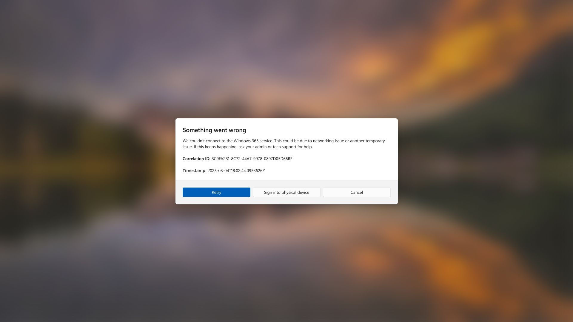 mensagem de erro no windows 365