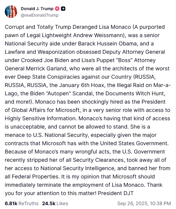 mensagem de trump na sua rede social sobre a microsoft e executiva