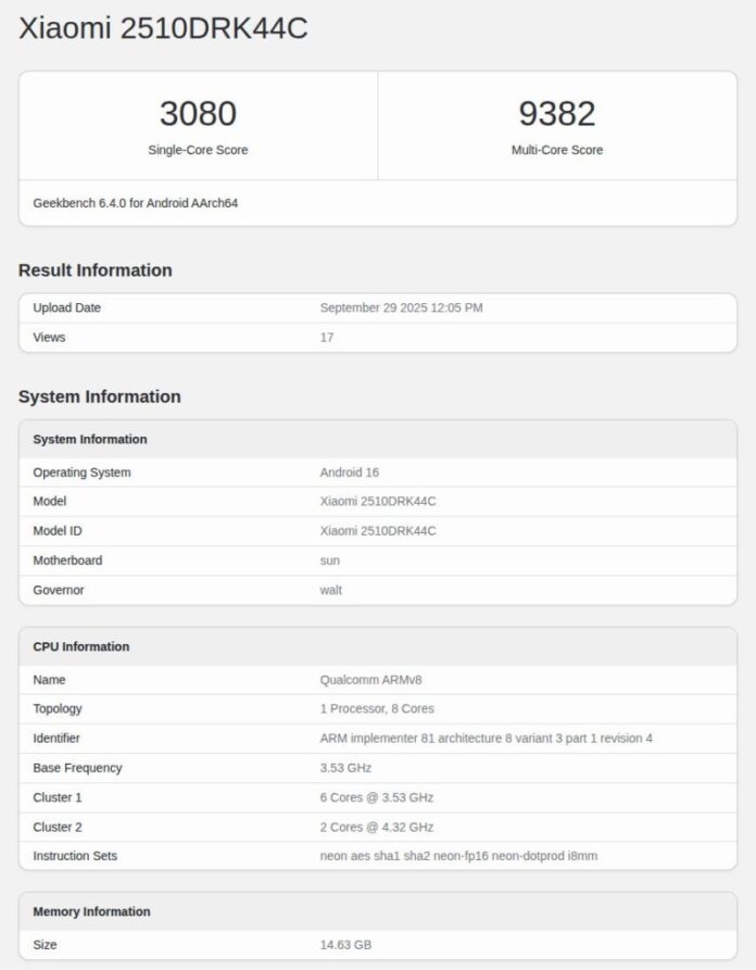Redmi K90 suposto benchmark