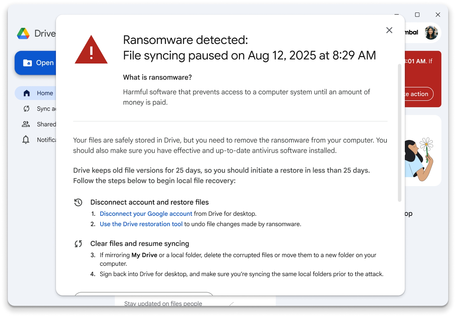 alerta sobre possível ataque ransomware no google drive