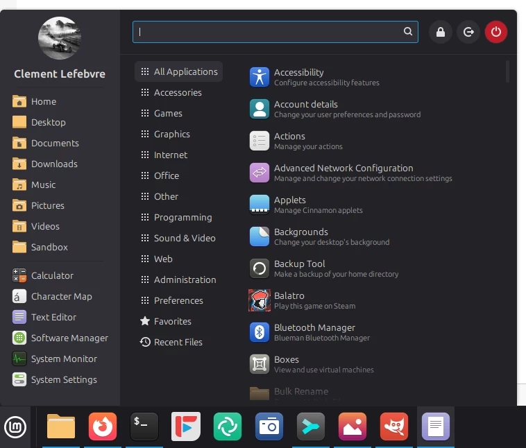 detalhes do novo menu do linux mint