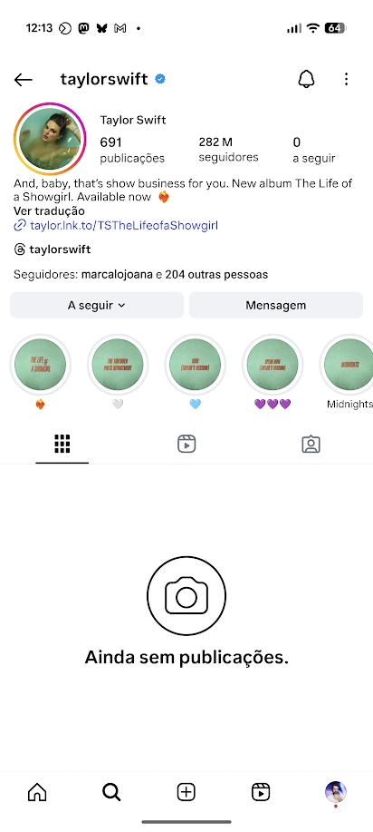Instagram sem publicações no perfil da Taylor Swift