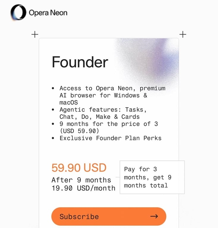 detalhes do preço do Opera Neon