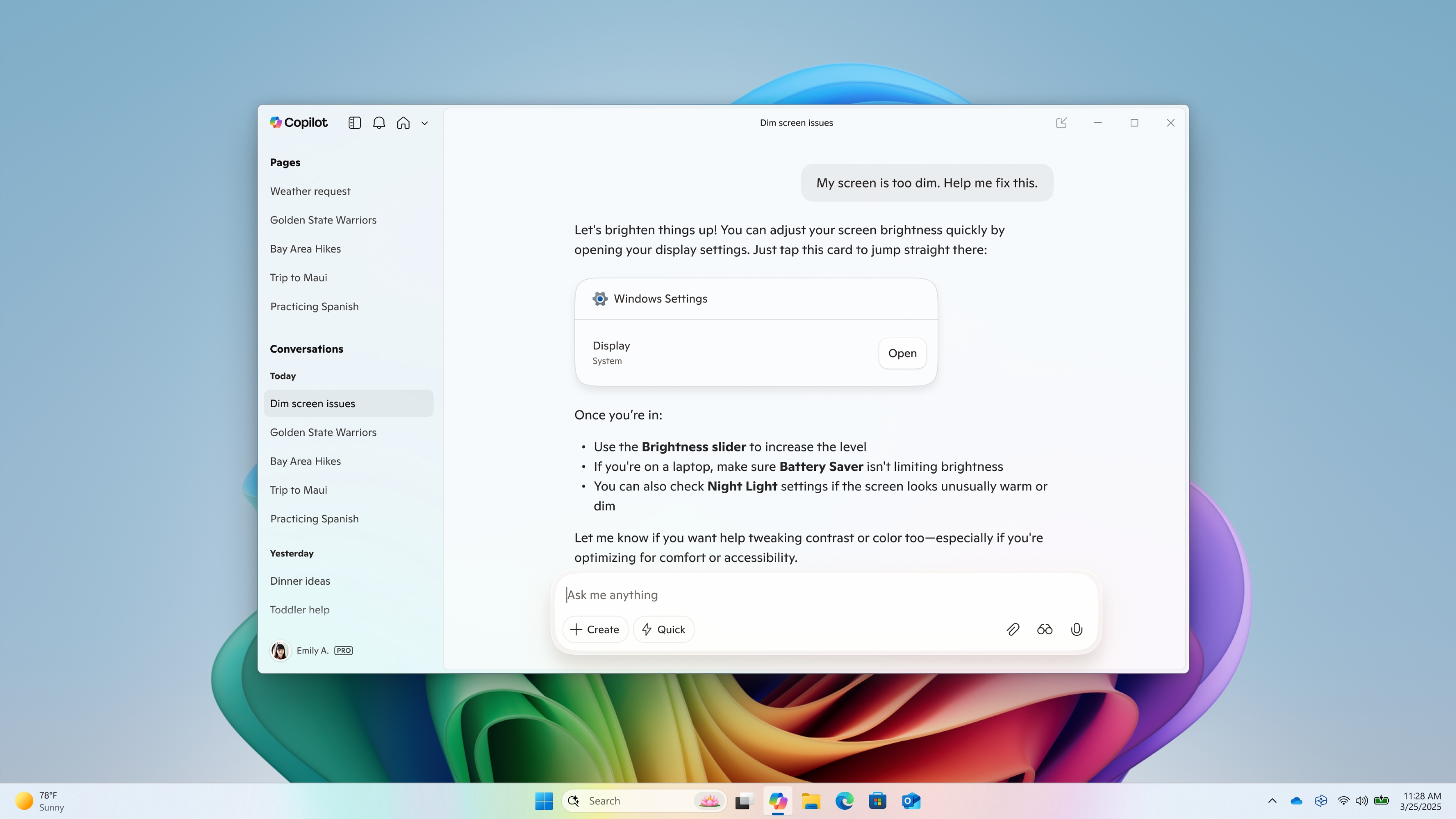 Copilot a aceder a definições do windows