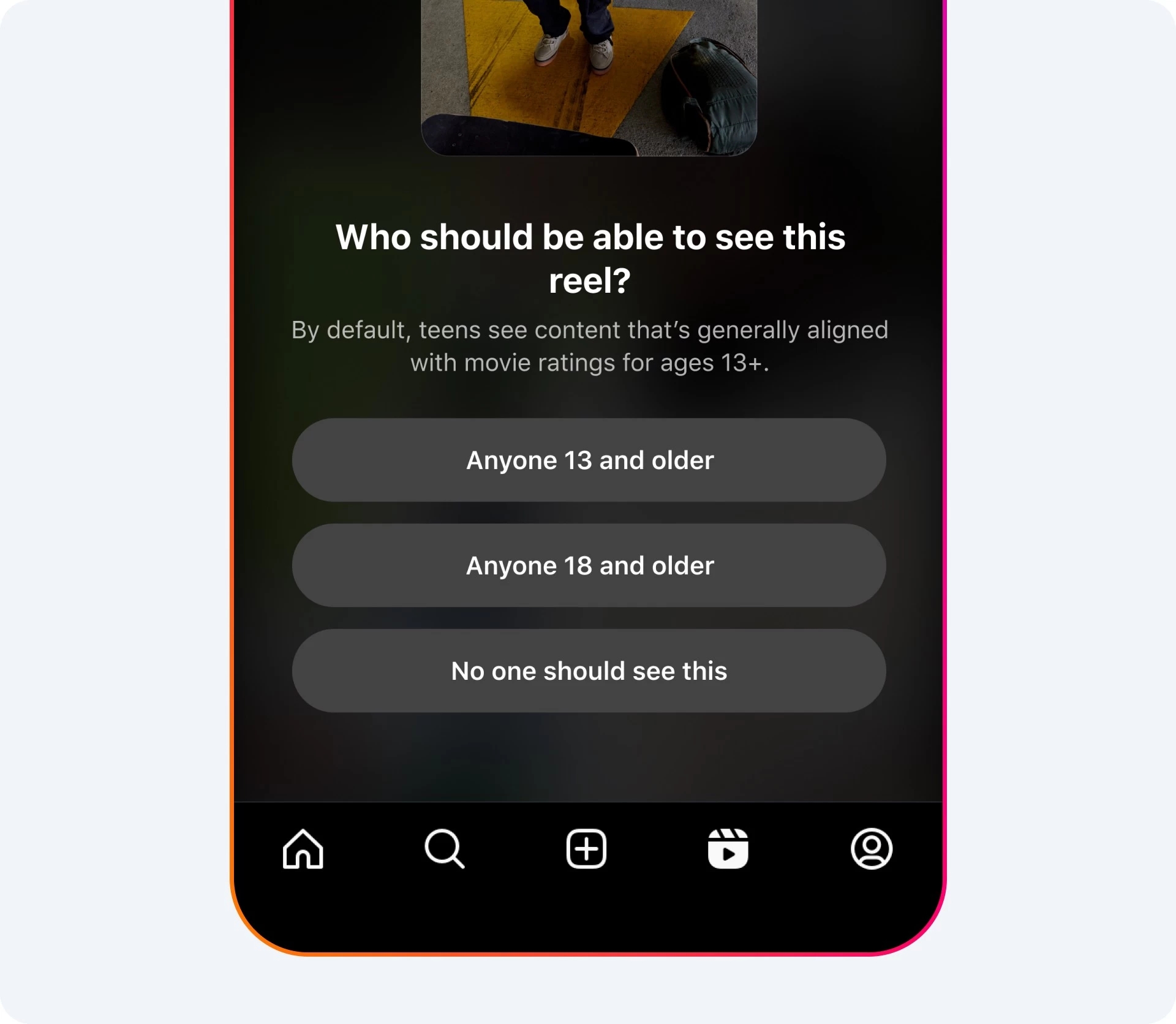 reels controlados por idade e questão para pais sobre visualização por menores