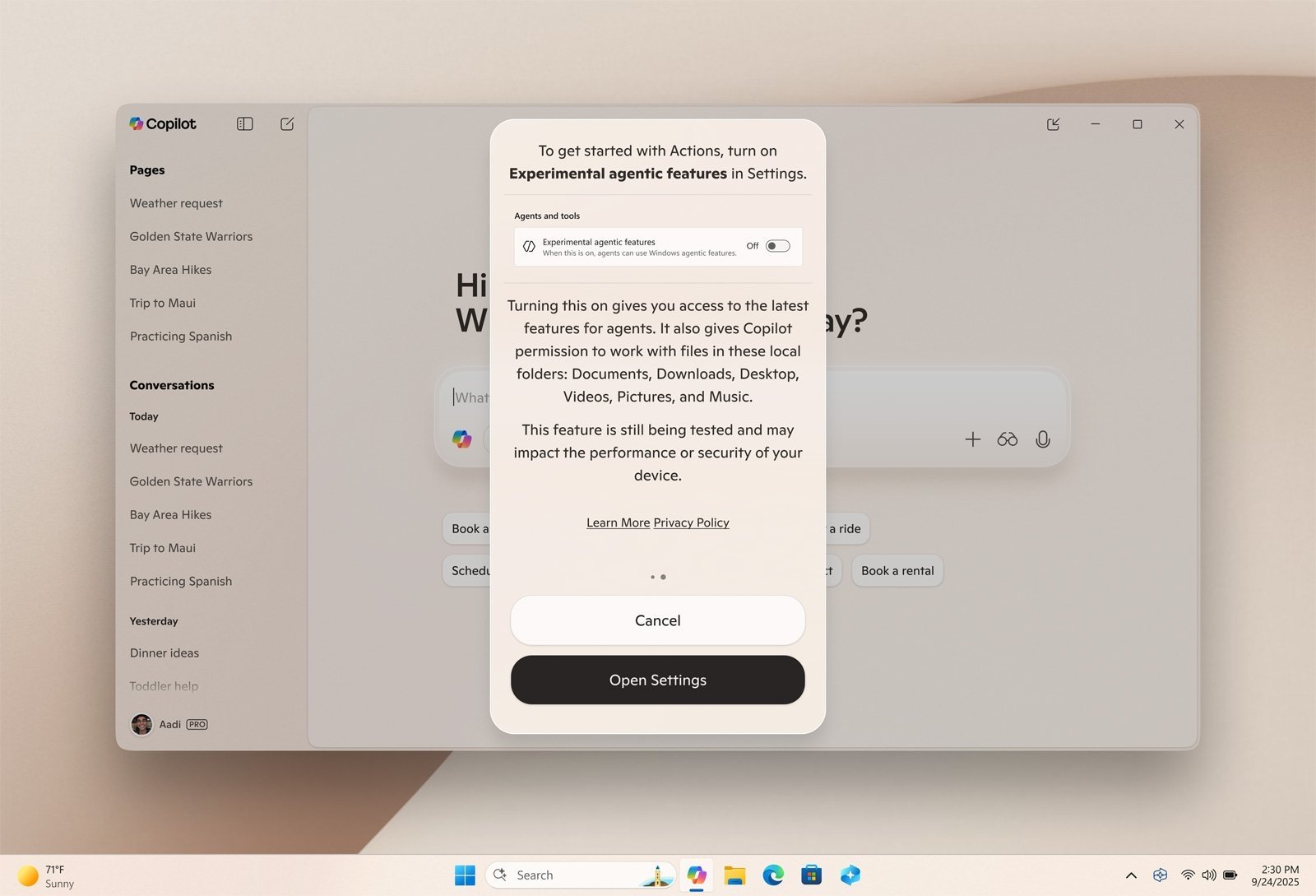 copilot com acesso a funcionalidades do windows