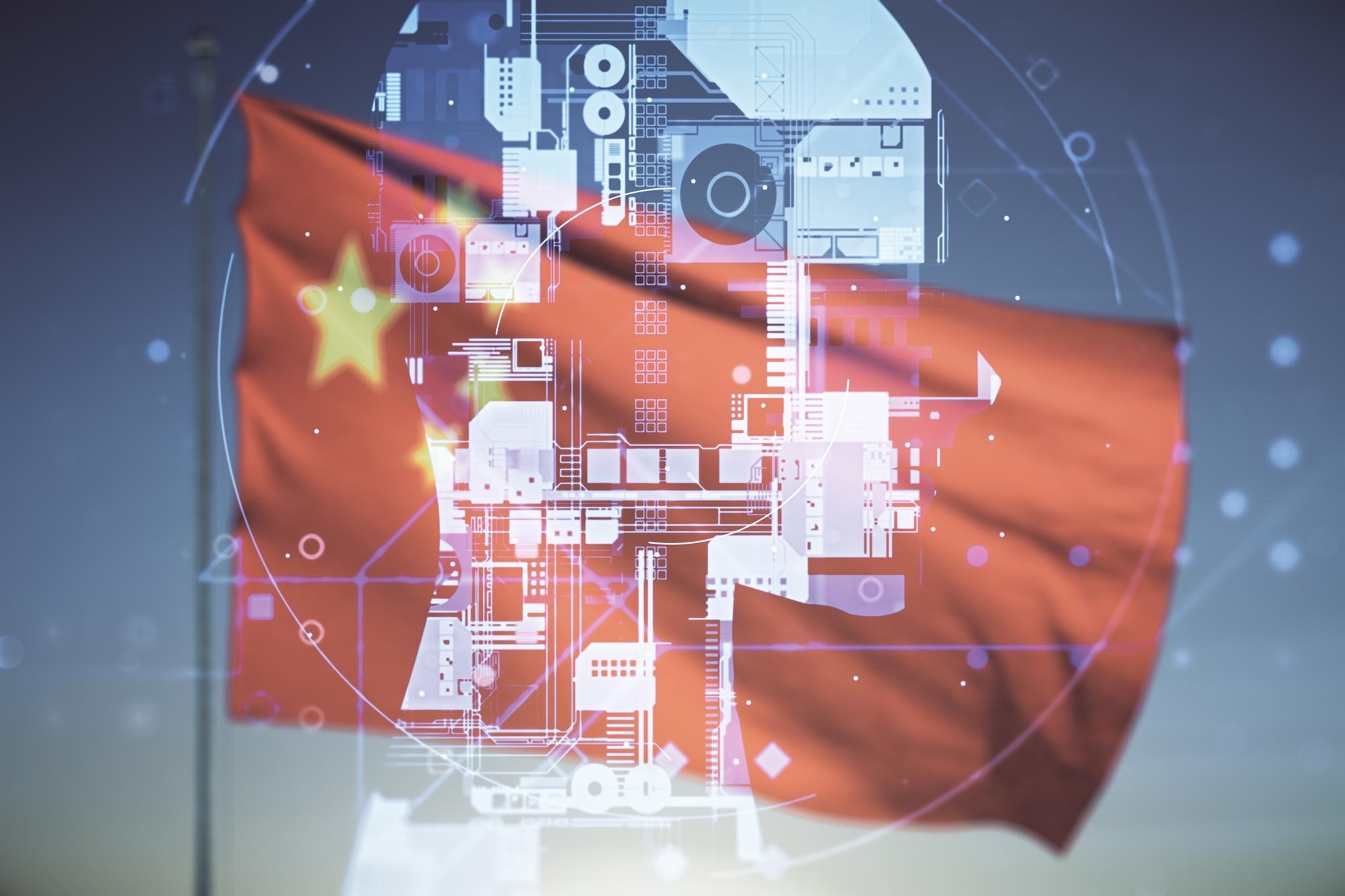 bandeira da china com robot de IA em frente