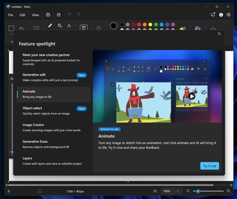 detalhes das novas funcionalidades do paint
