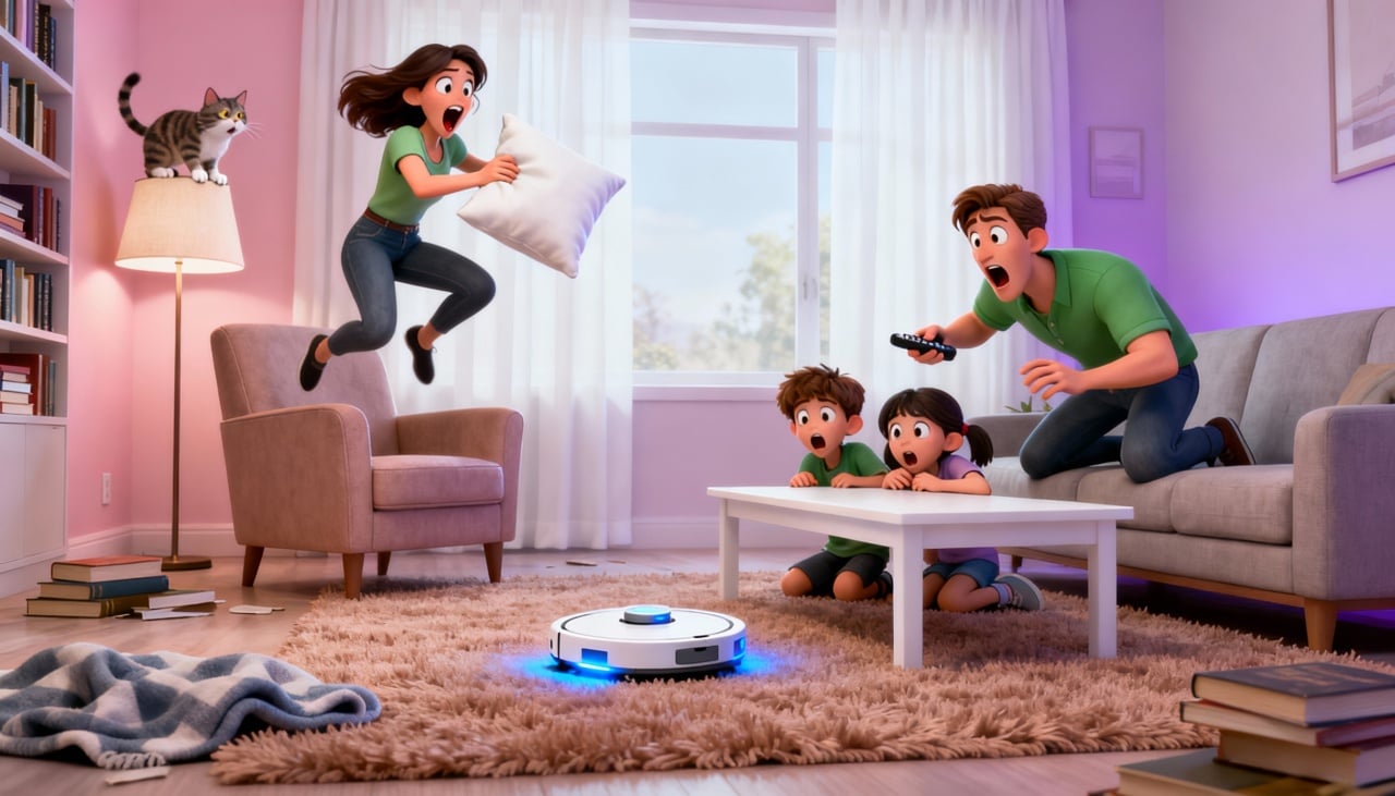 pessoas assustadas de robot de aspiração