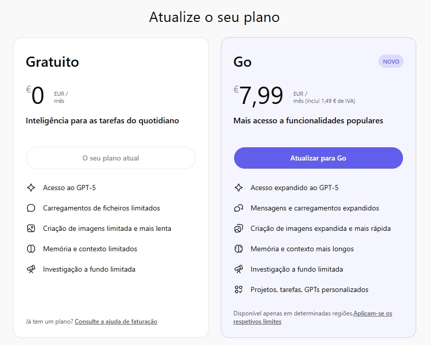 detalhes dos planos do ChatGPT