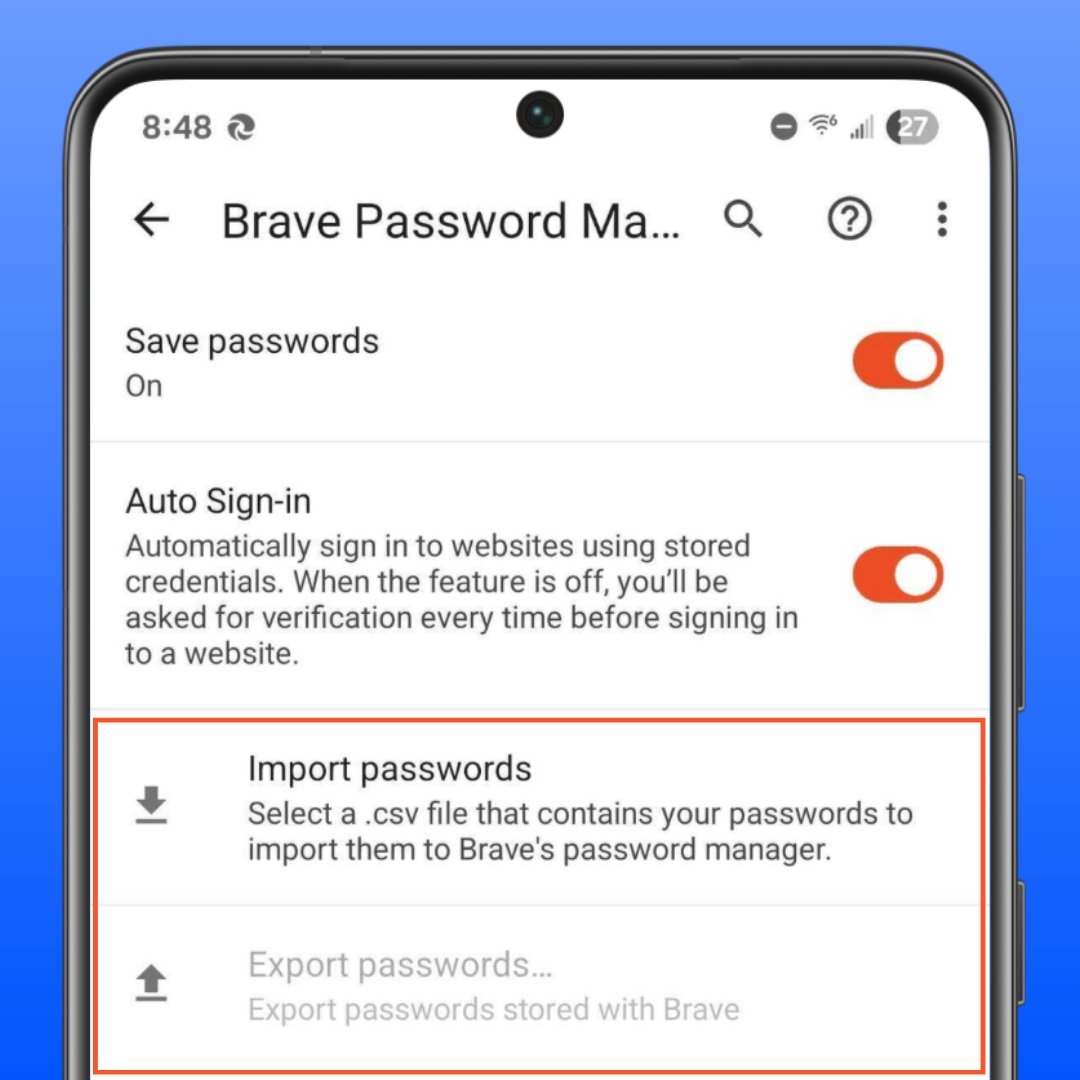 Brave com importação de senhas via CSV